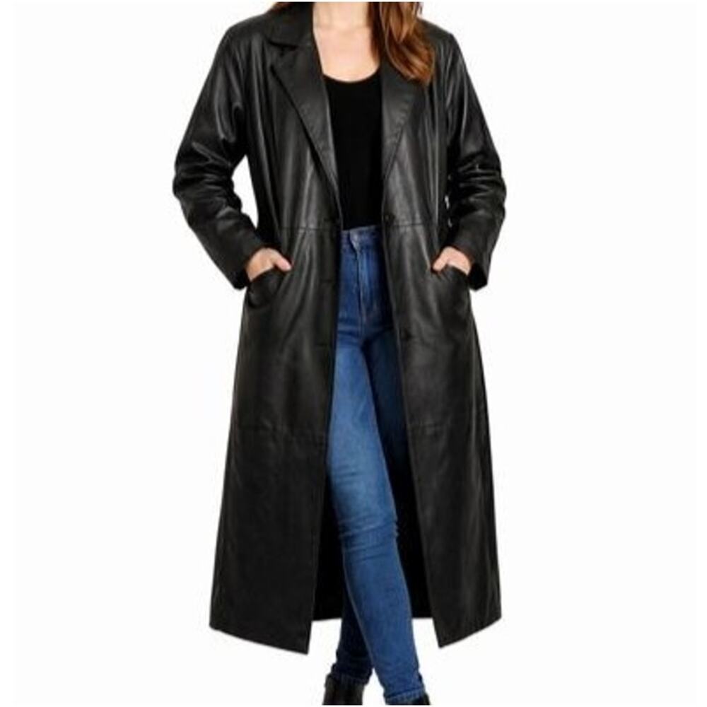 G-III Black Leather Trench Coat Womens Size M Long Maxi Jacket Button Front Vntg